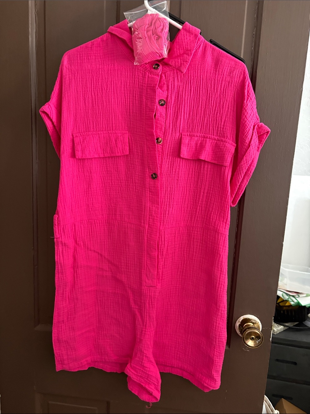 SHEIN Hot Pink Short Sleeve Button Romper
